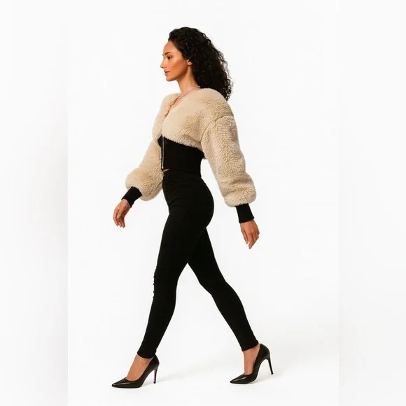 Velvet Fashion Flow Jacket Women's Spliced Wool Short Comfortable Long Sleeve - Picture 13 of 15